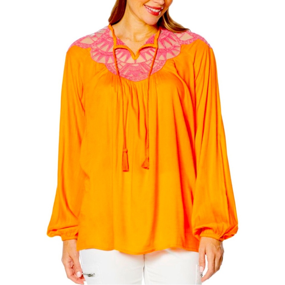 David Meister Orange Blouse with Pink Lace Detail L
